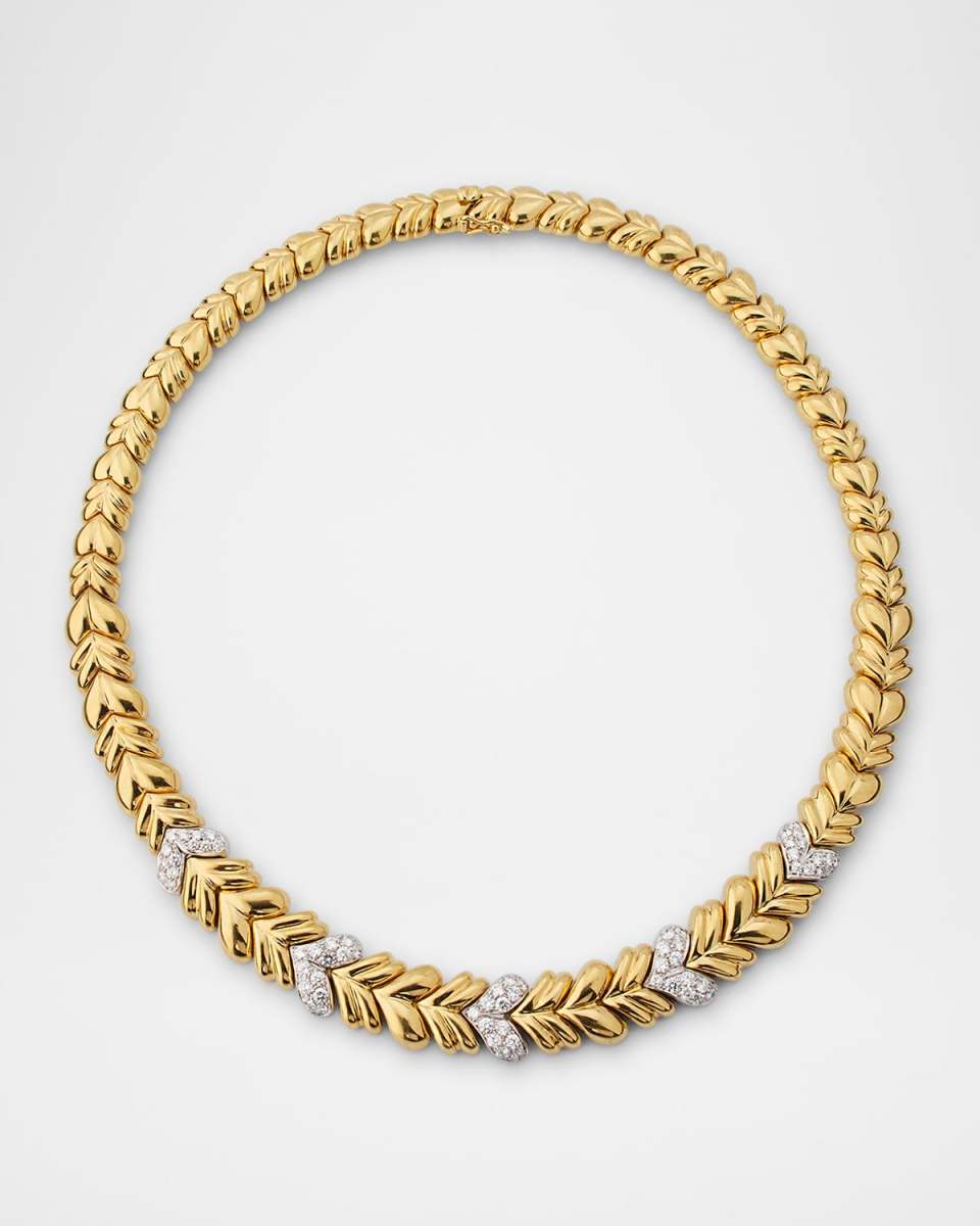 Estate 18K Yellow Gold and White Gold Tapered Corrugated Puff Necklace with Diamonds